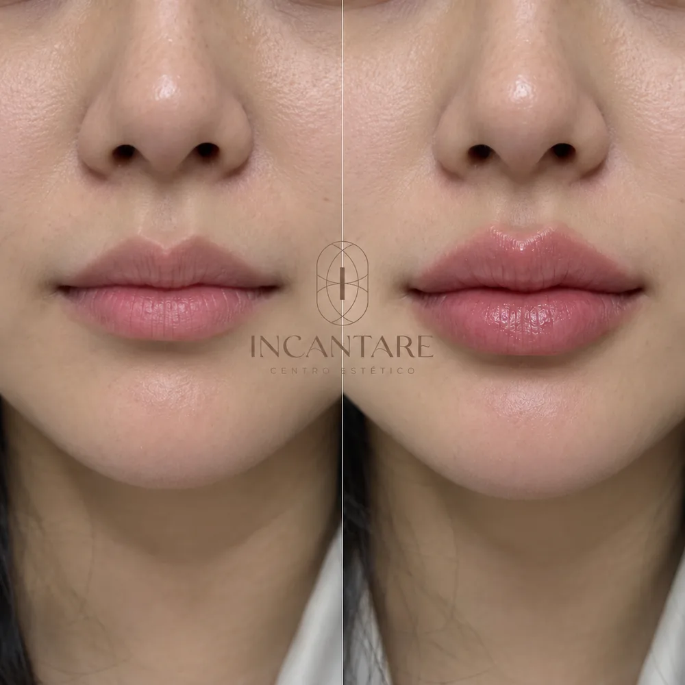 Antes e depois do preenchimento labial — exemplo 3